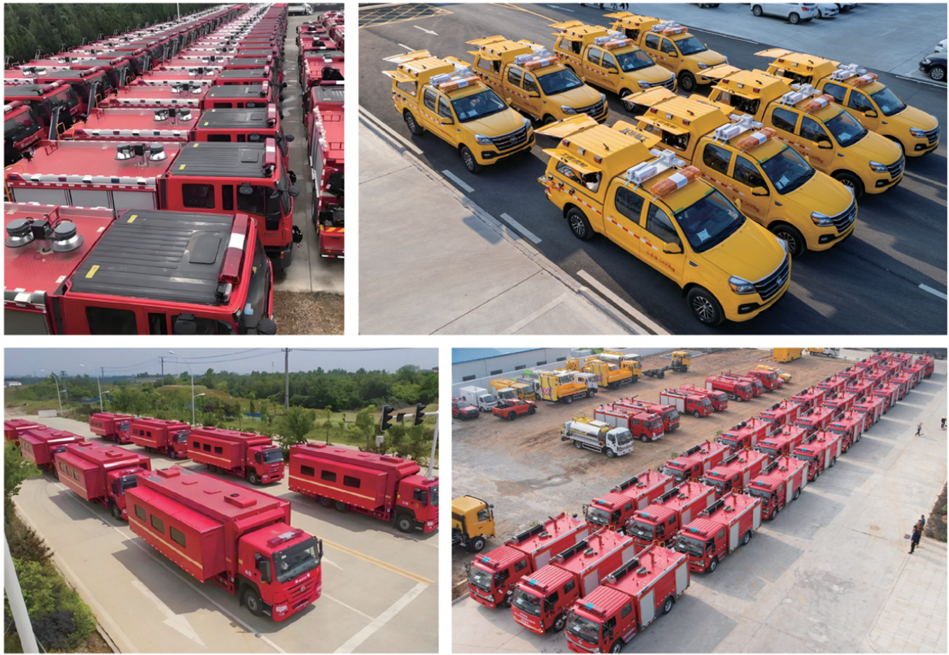Fire trucks, rescue pickups and support vehicles arranged in outdoor fleets