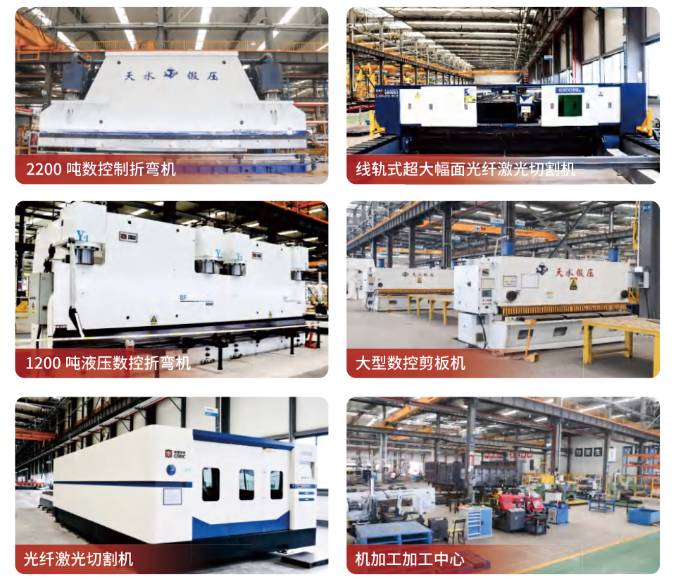 Six workshop photographs showing CNC press brakes, fiber laser cutters, a CNC shearing machine and a machining center